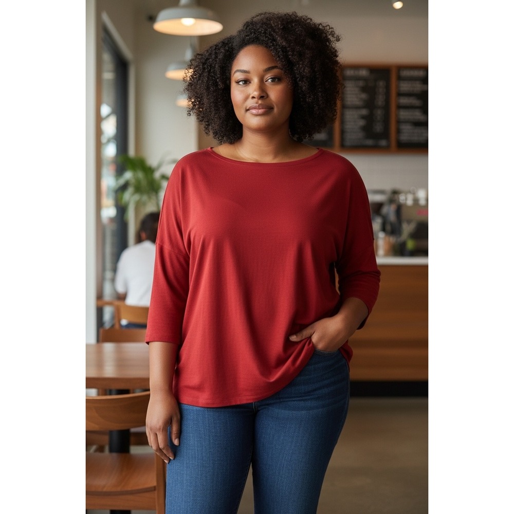 Lands End Red Cotton Modal Blend 3/4 Sleeve Boat Neck Top XL P Relaxed